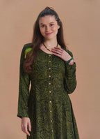 Boat Neck Asymmetrical Cut Button Detailed Khaki Paisley Winter Dress