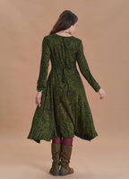 Boat Neck Asymmetrical Cut Button Detailed Khaki Paisley Winter Dress