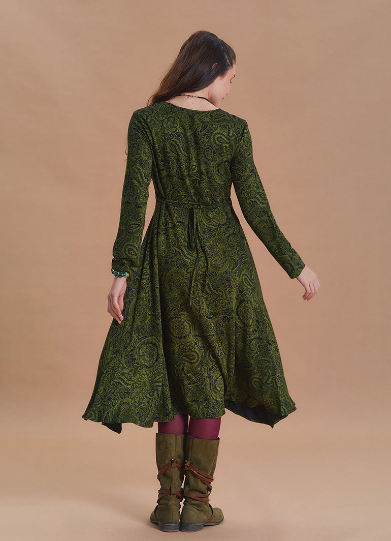 Boat Neck Asymmetrical Cut Button Detailed Khaki Paisley Winter Dress