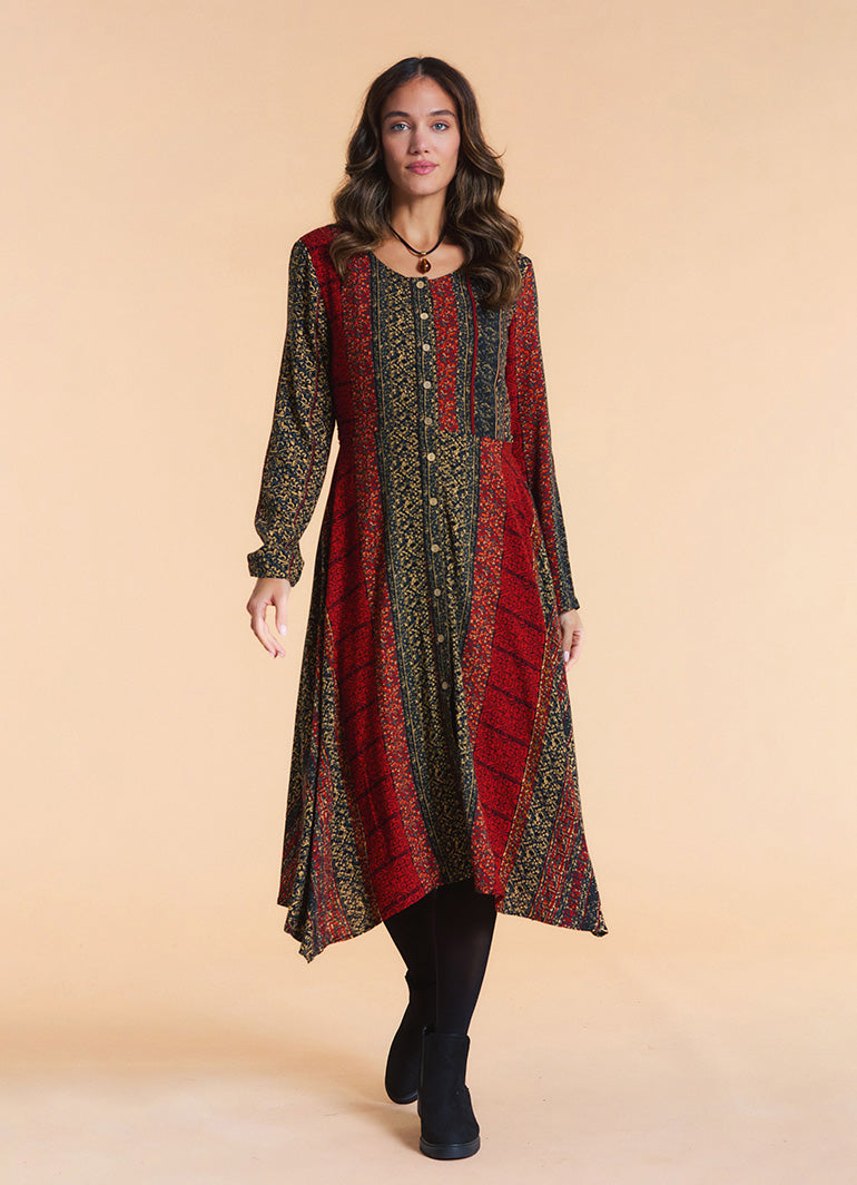 Boat Neck Asymmetrical Cut Button Detailed Terracotta Patchwork Winter Dress