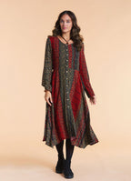 Boat Neck Asymmetrical Cut Button Detailed Terracotta Patchwork Winter Dress