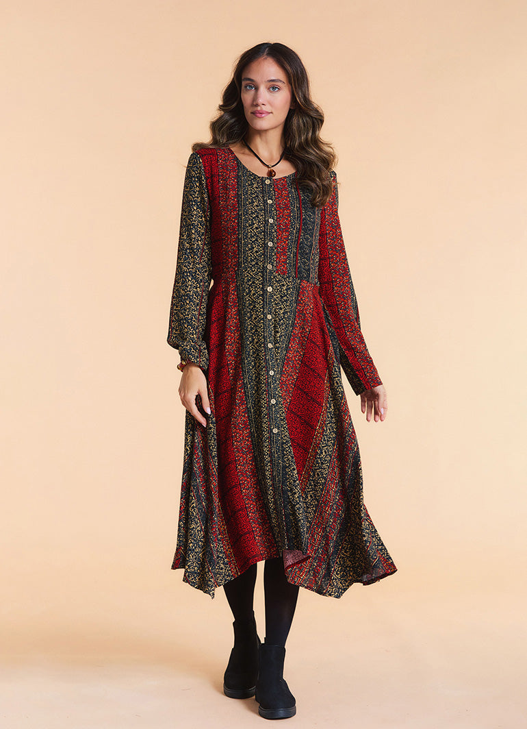 Boat Neck Asymmetrical Cut Button Detailed Terracotta Patchwork Winter Dress
