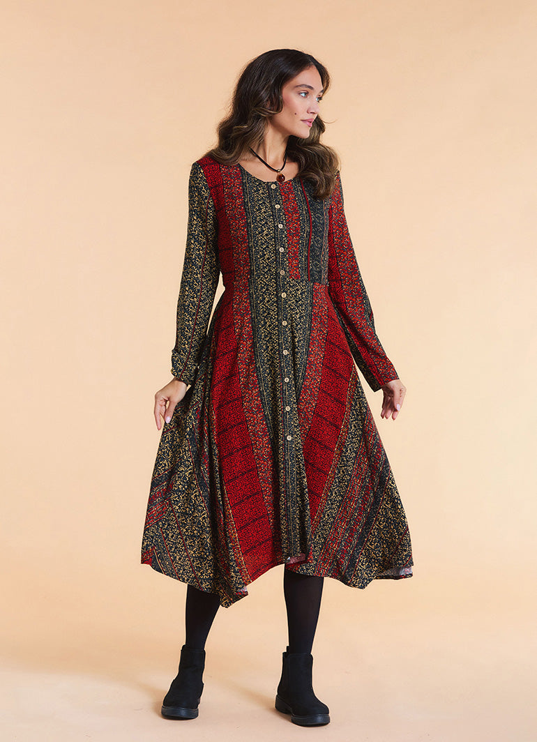 Boat Neck Asymmetrical Cut Button Detailed Terracotta Patchwork Winter Dress
