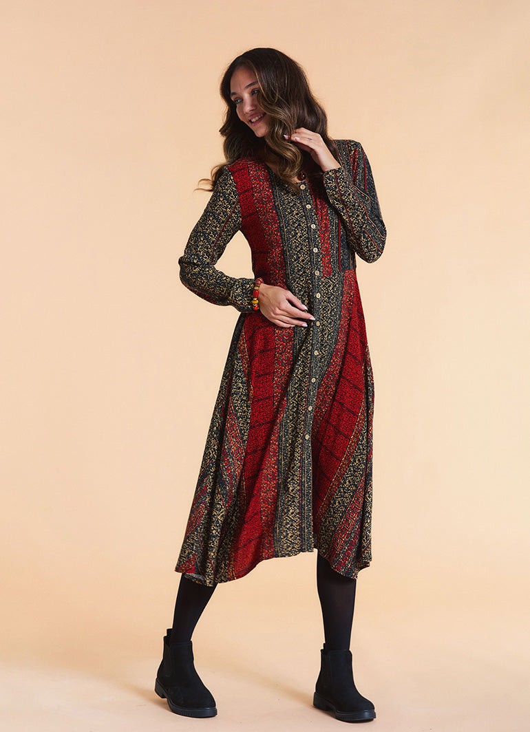 Boat Neck Asymmetrical Cut Button Detailed Terracotta Patchwork Winter Dress