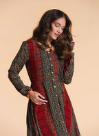 Boat Neck Asymmetrical Cut Button Detailed Terracotta Patchwork Winter Dress