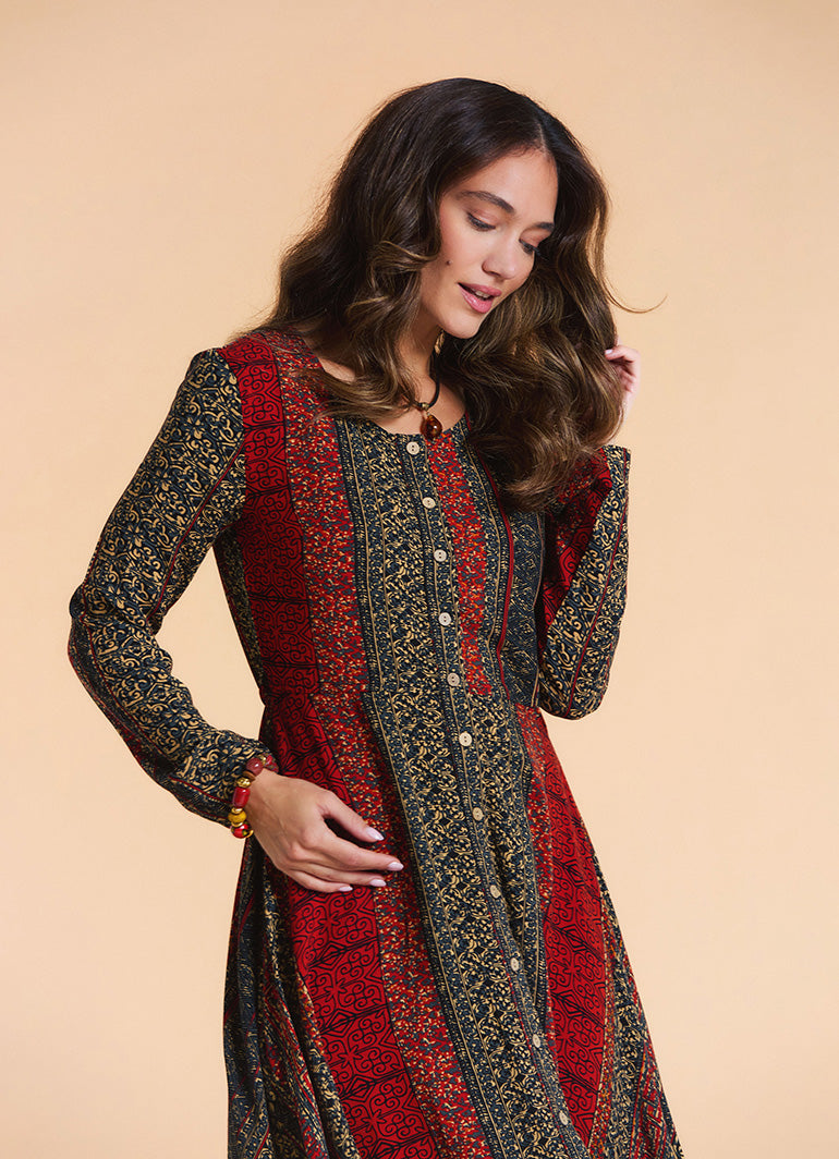 Boat Neck Asymmetrical Cut Button Detailed Terracotta Patchwork Winter Dress