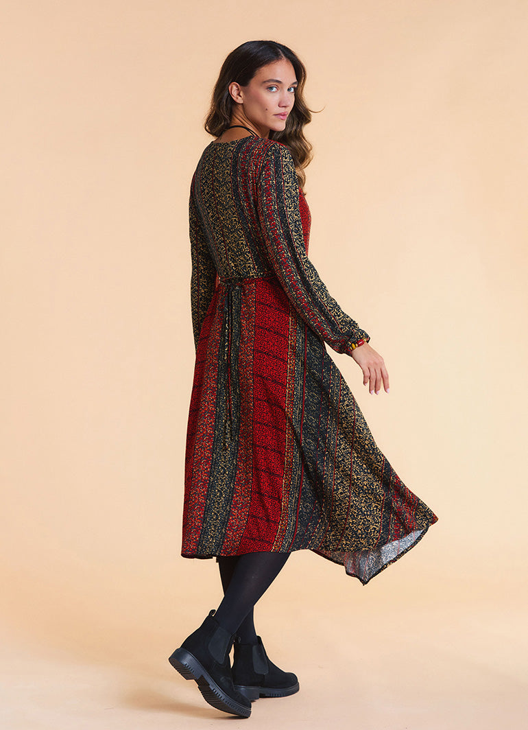 Boat Neck Asymmetrical Cut Button Detailed Terracotta Patchwork Winter Dress