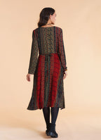 Boat Neck Asymmetrical Cut Button Detailed Terracotta Patchwork Winter Dress