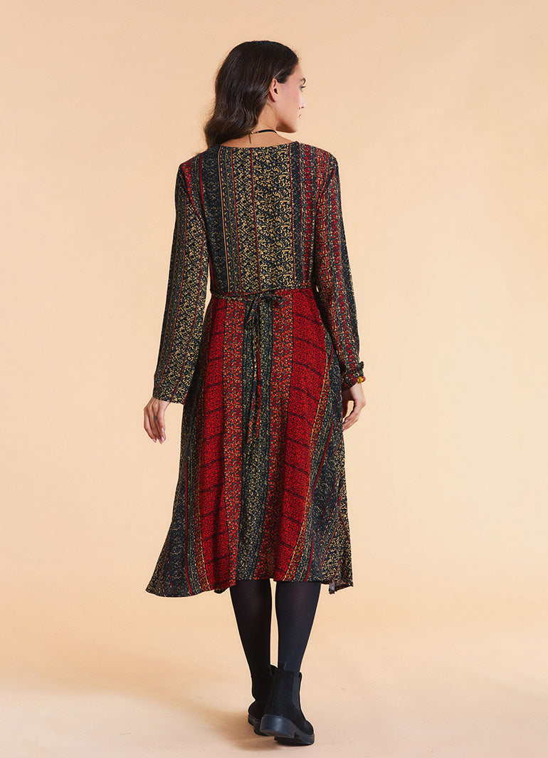 Boat Neck Asymmetrical Cut Button Detailed Terracotta Patchwork Winter Dress