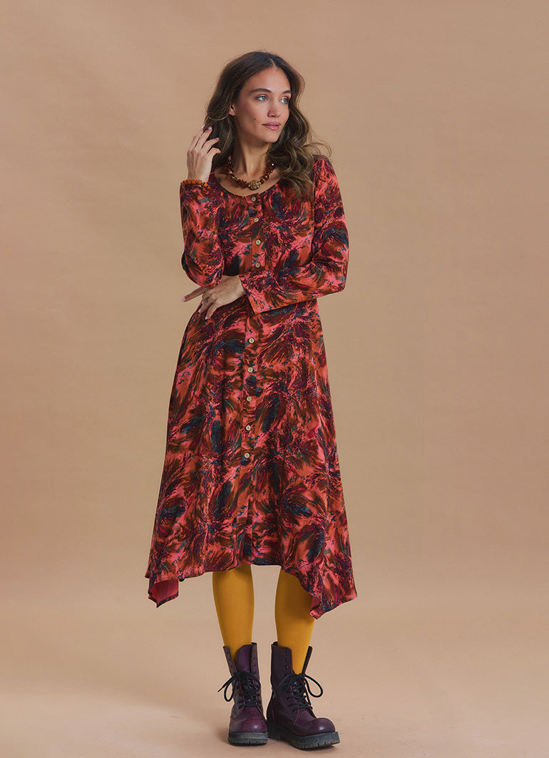 Boat Neck Asymmetrical Cut Button Detailed Coral Leaf Print Winter Dress