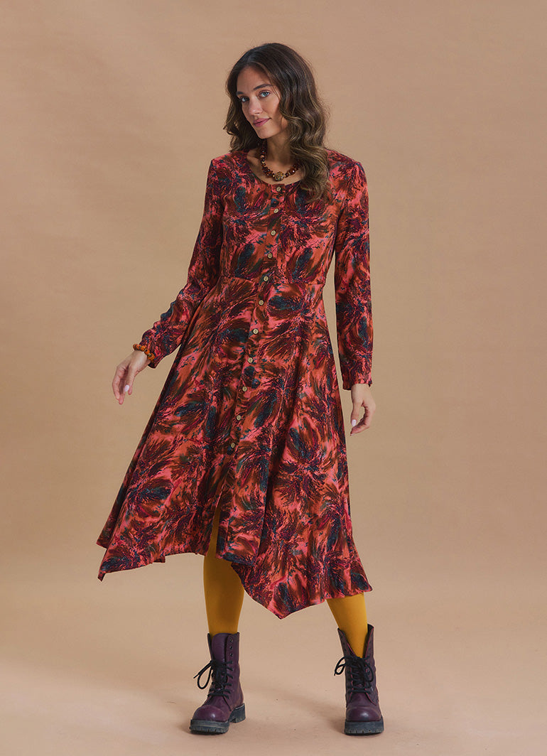 Boat Neck Asymmetrical Cut Button Detailed Coral Leaf Print Winter Dress