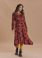 Boat Neck Asymmetrical Cut Button Detailed Coral Leaf Print Winter Dress