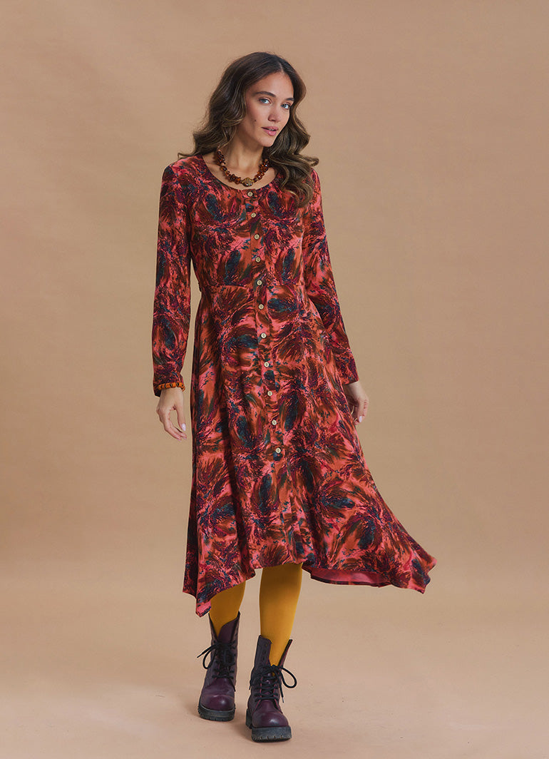 Boat Neck Asymmetrical Cut Button Detailed Coral Leaf Print Winter Dress