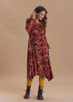 Boat Neck Asymmetrical Cut Button Detailed Coral Leaf Print Winter Dress