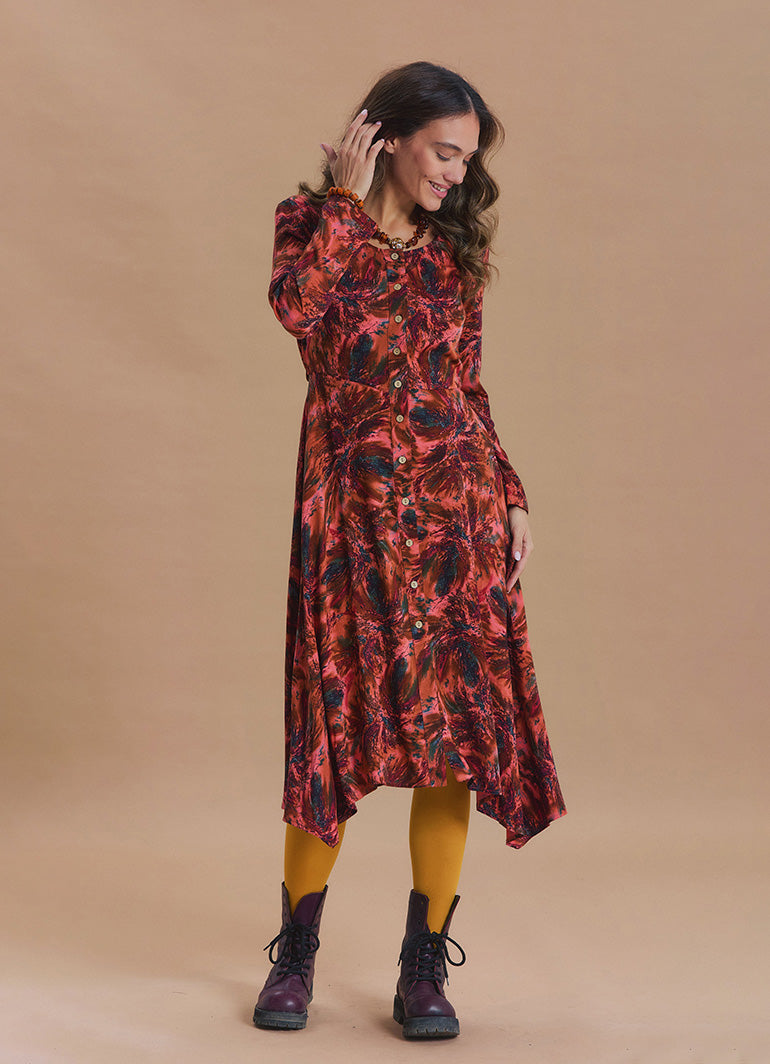 Boat Neck Asymmetrical Cut Button Detailed Coral Leaf Print Winter Dress