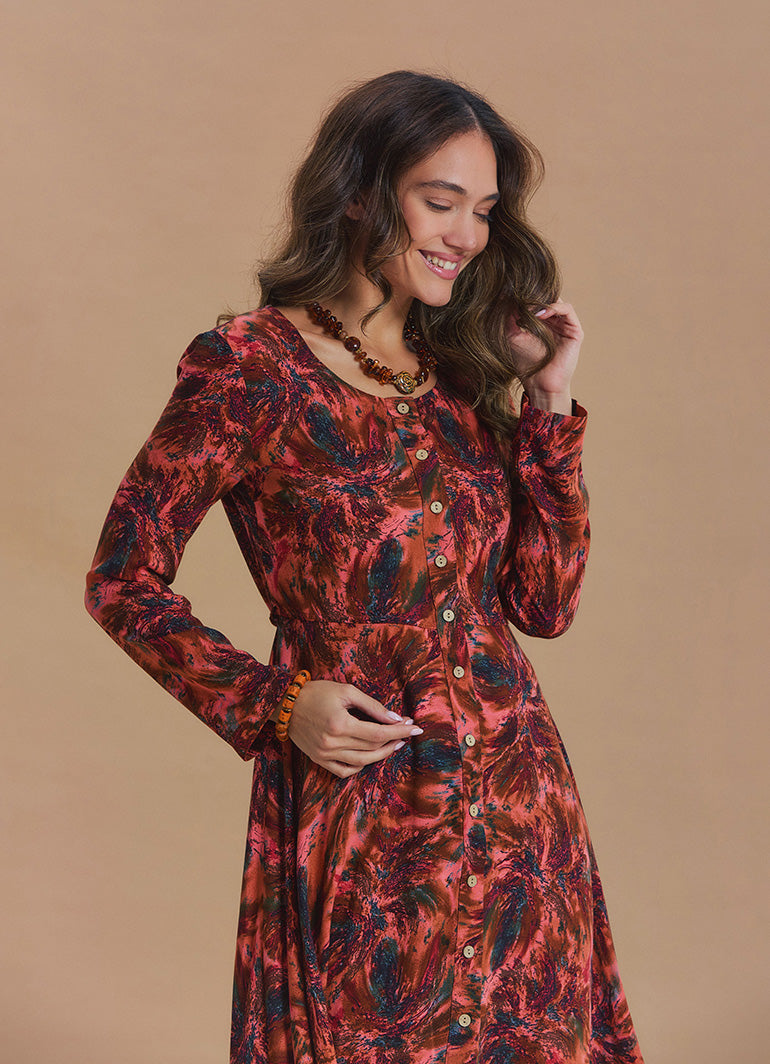 Boat Neck Asymmetrical Cut Button Detailed Coral Leaf Print Winter Dress