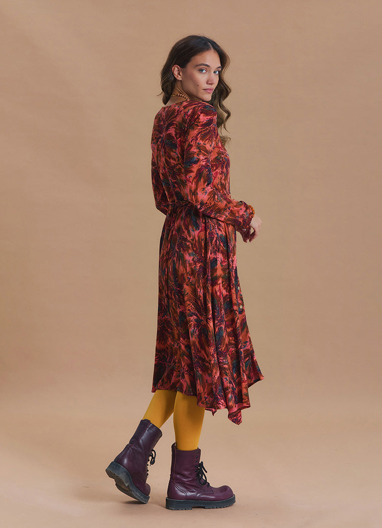 Boat Neck Asymmetrical Cut Button Detailed Coral Leaf Print Winter Dress