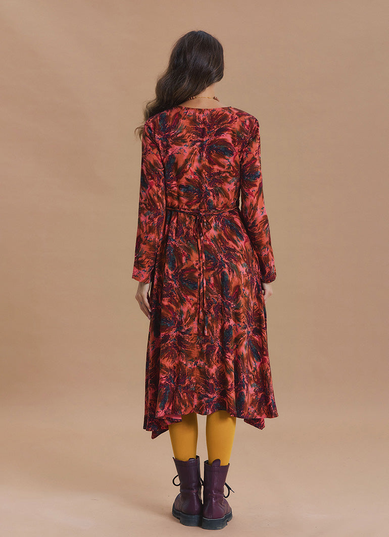 Boat Neck Asymmetrical Cut Button Detailed Coral Leaf Print Winter Dress