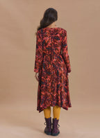 Boat Neck Asymmetrical Cut Button Detailed Coral Leaf Print Winter Dress