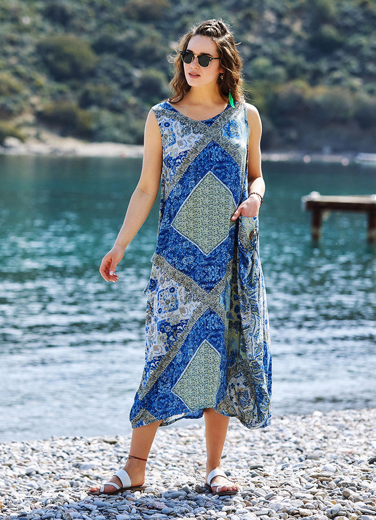 Blue Print Scoop Neck Pocket Detail Boho Maxi Dress