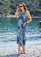 Blue Print Scoop Neck Pocket Detail Boho Maxi Dress