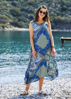 Blue Print Scoop Neck Pocket Detail Boho Maxi Dress