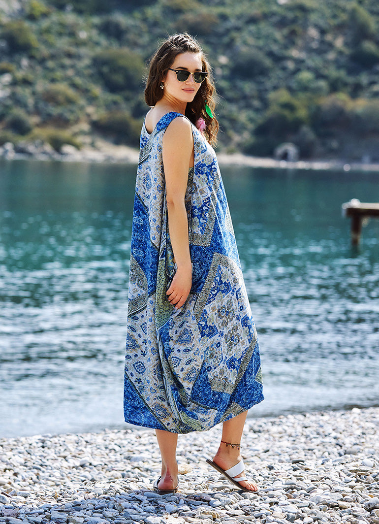 Blue Print Scoop Neck Pocket Detail Boho Maxi Dress