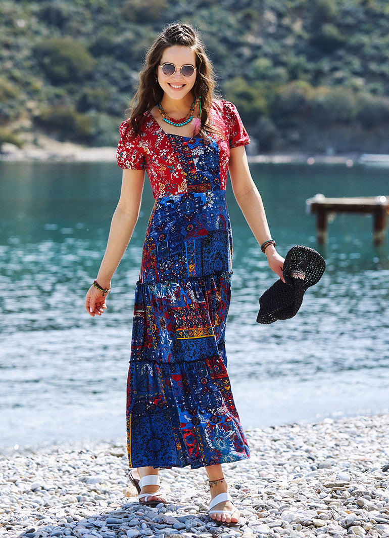 Blue Patchwork Puff Sleeve Dress