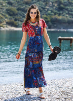 Blue Patchwork Puff Sleeve Dress