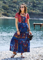 Blue Patchwork Puff Sleeve Dress