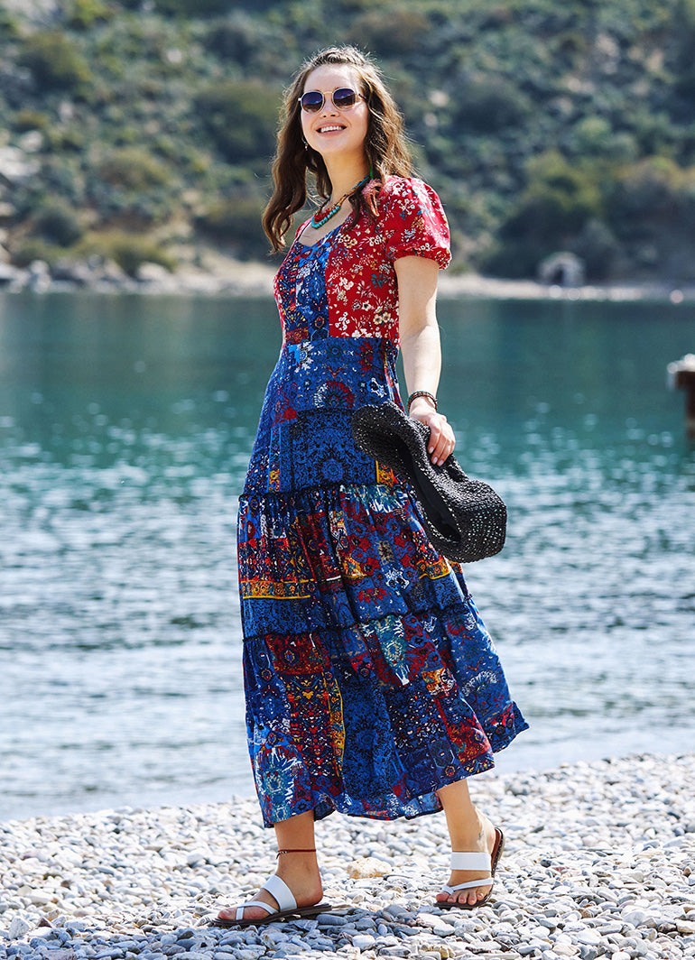 Blue Patchwork Puff Sleeve Dress
