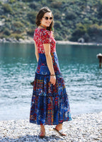 Blue Patchwork Puff Sleeve Dress