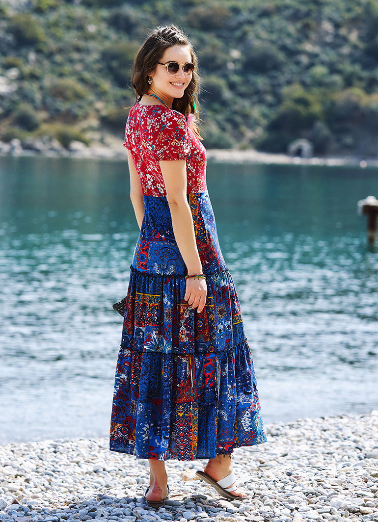 Blue Patchwork Puff Sleeve Dress