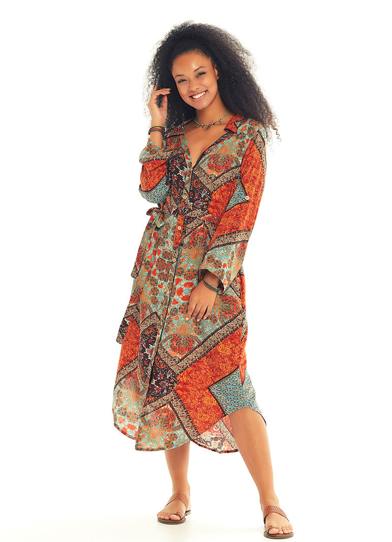 Curved Hem Detail Printed Bohemian Shirt Dress