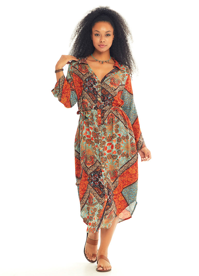 Curved Hem Detail Printed Bohemian Shirt Dress
