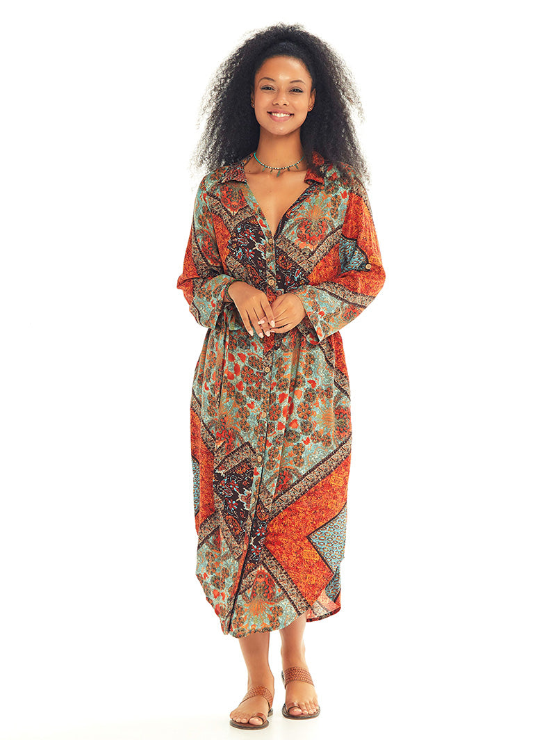 Curved Hem Detail Printed Bohemian Shirt Dress
