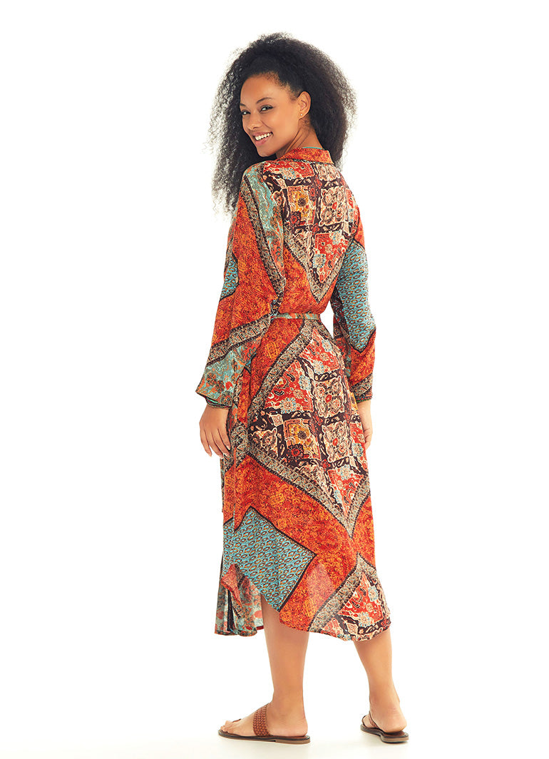 Curved Hem Detail Printed Bohemian Shirt Dress