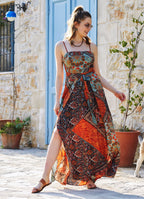 Brown Patterned Strappy Wrap Maxi Dress