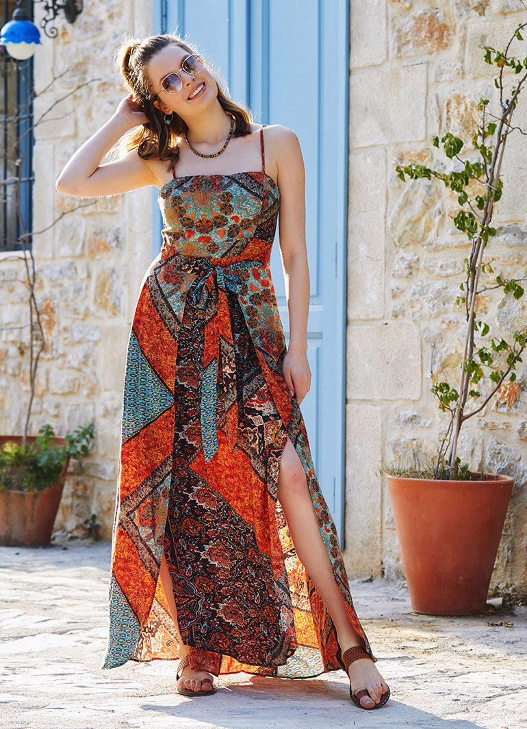 Brown Patterned Strappy Wrap Maxi Dress