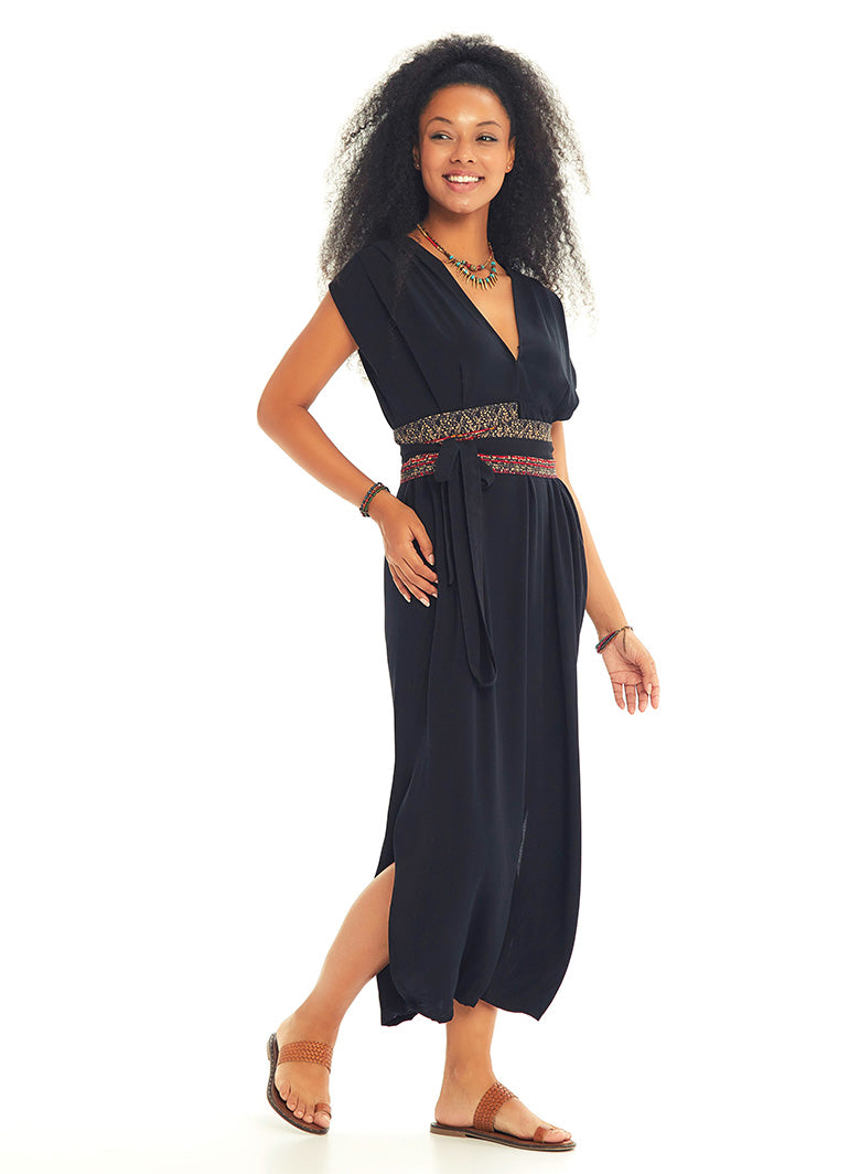 Slit Detailed Belted Black Summer Dress