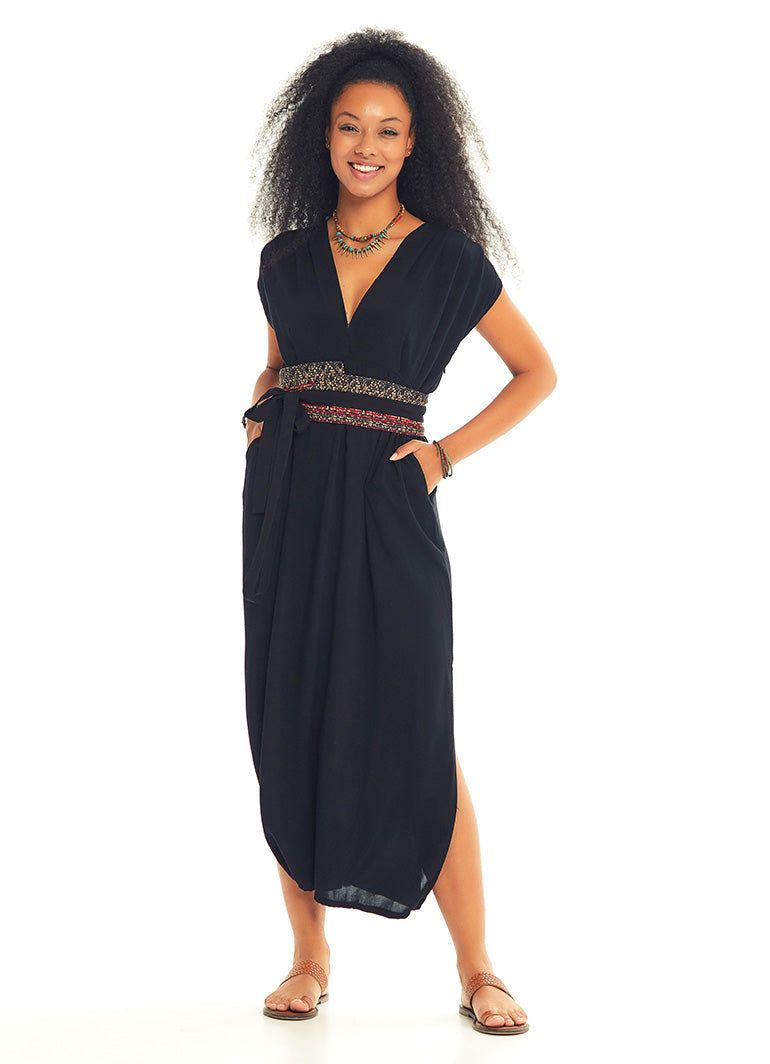 Slit Detailed Belted Black Summer Dress