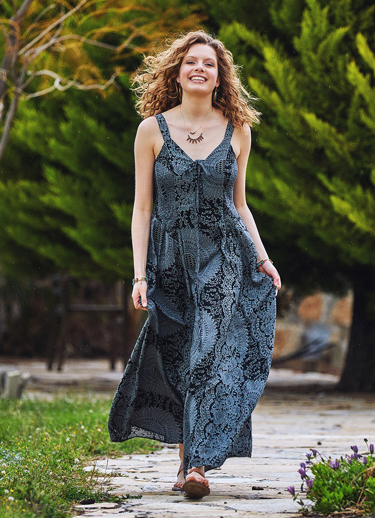 Criss Cross Neck Shirred Gray Dress