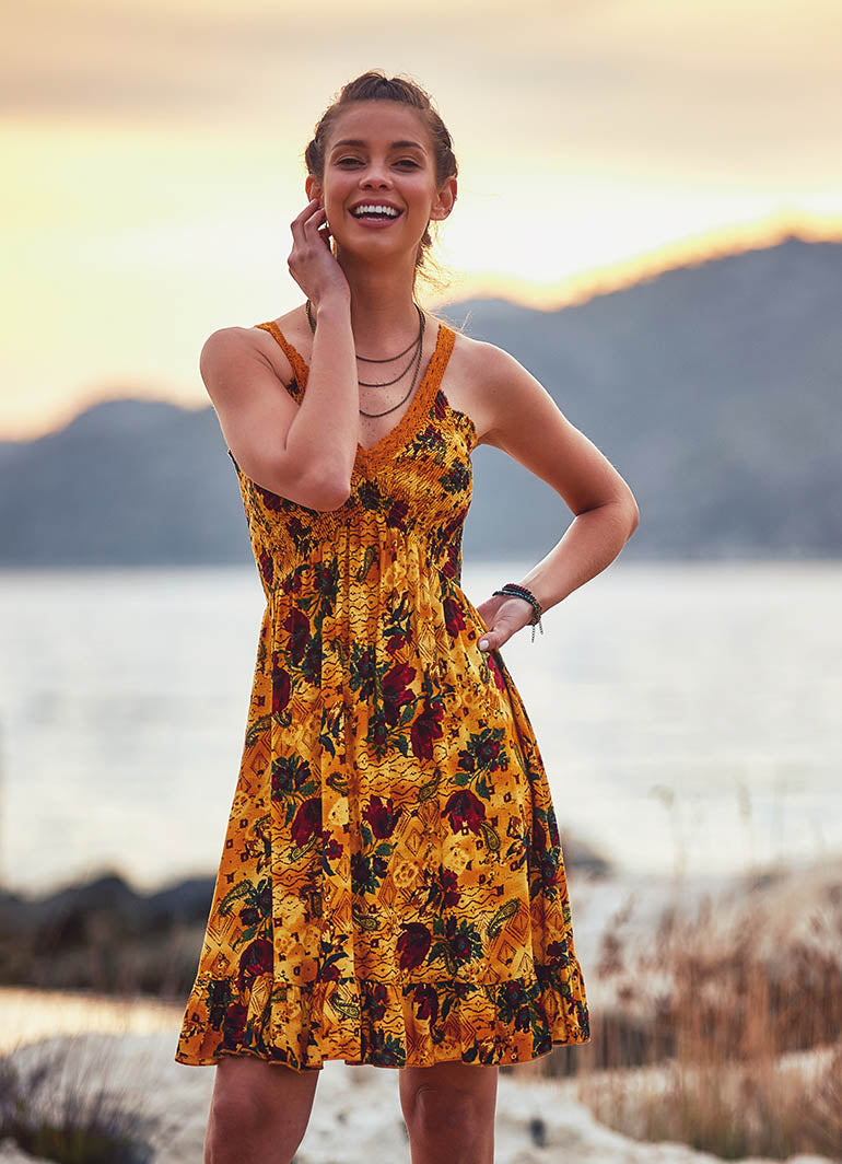 Lace Straps Frill Hem Floral Print Boho Style Wholesale Sundress
