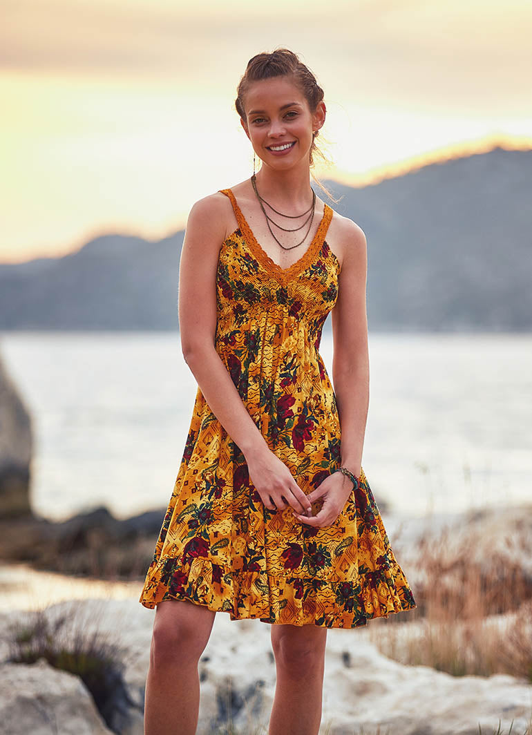 Lace Straps Frill Hem Floral Print Boho Style Wholesale Sundress