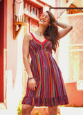 Laced Straps Frill Hem V Neck Striped Wholesale Gypsy Style Dress