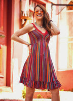Laced Straps Frill Hem V Neck Striped Wholesale Gypsy Style Dress