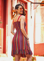 Laced Straps Frill Hem V Neck Striped Wholesale Gypsy Style Dress