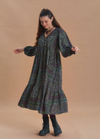 V Neck Loose Fit Dark Green Agora Print Long Sleeve Dress