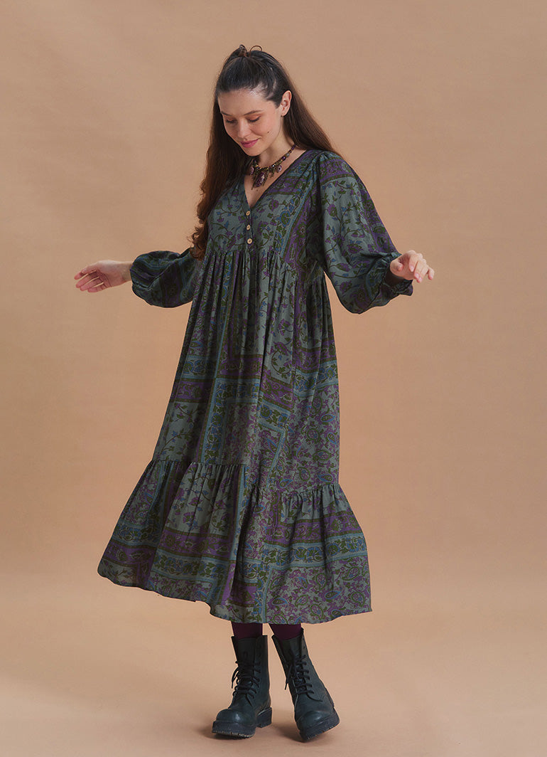 V Neck Loose Fit Dark Green Agora Print Long Sleeve Dress