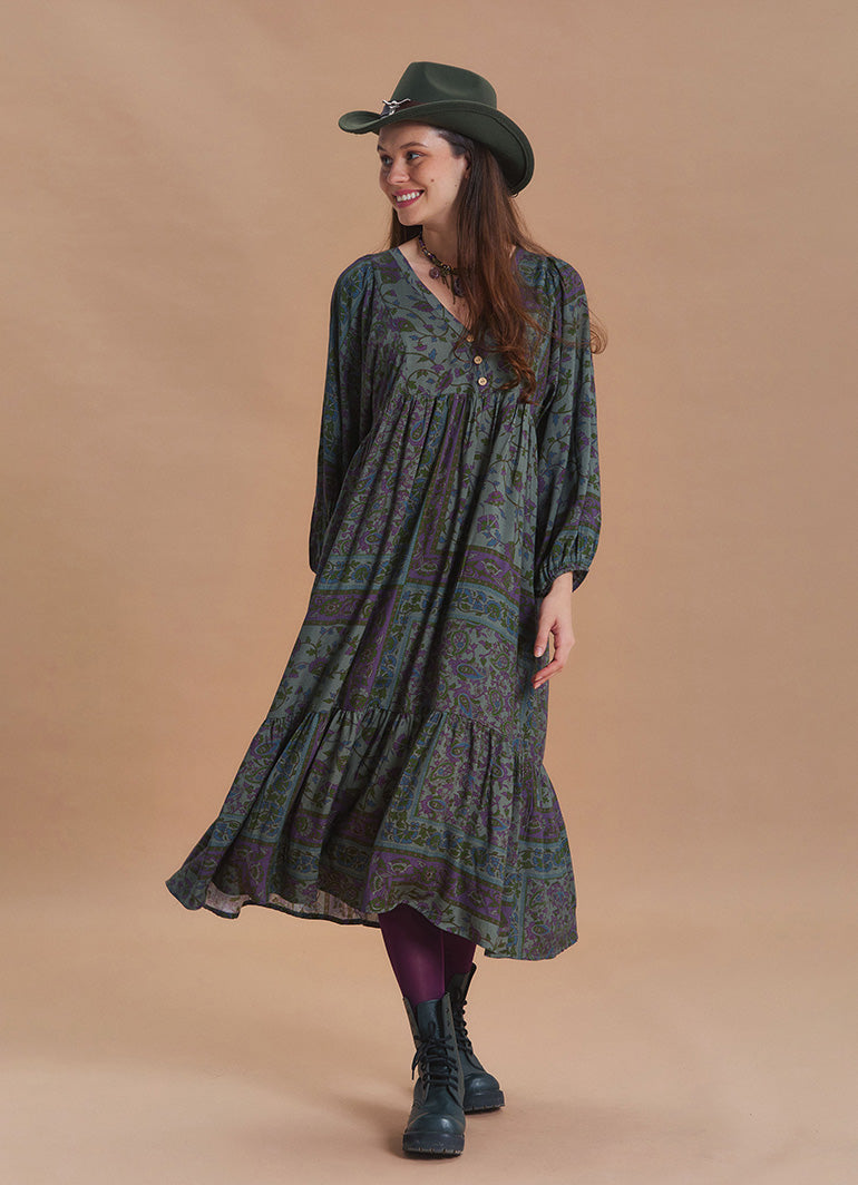 V Neck Loose Fit Dark Green Agora Print Long Sleeve Dress